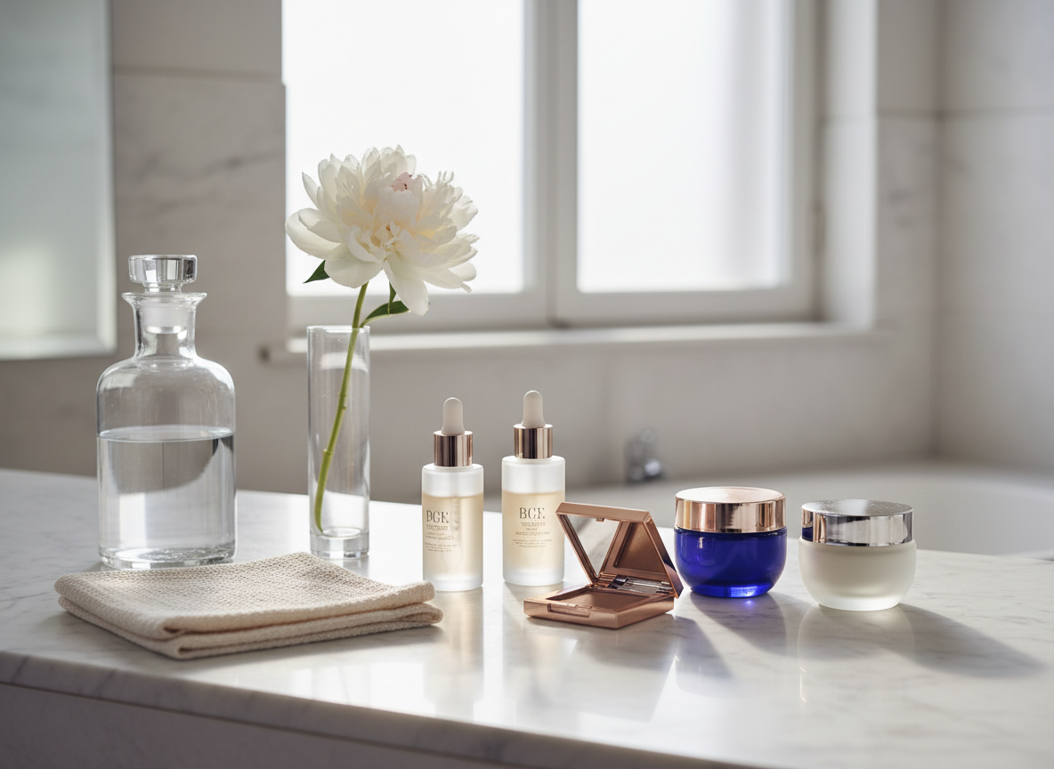 A curated flatlay of luxury skincare and makeup products arranged with meticulous precision on a pale stone vanity top. Frosted glass serum bottles, sleek navy and ivory moisturizer jars, and a minimalist rose-gold compact reflect subtle sophistication. A folded linen washcloth, a clear glass carafe of water, and a single white peony in a slim vase complete the scene. Soft morning light filters in from the left, creating delicate highlights on glass surfaces and gentle shadows along the marble veining. Captured in photographic realism from a slightly elevated angle with a shallow depth of field, the background blurs into a clean, airy bathroom setting. The mood is calm, intelligent, and luxurious without ostentation, evoking considered, smart beauty choices for women 40+.